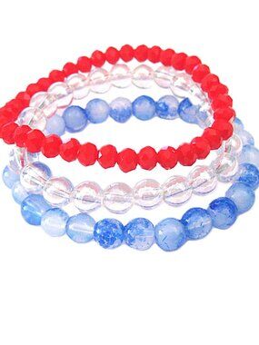 3 Glass Bead Stretch Band Bracelets  - Patriotic Red, Clear, Blue